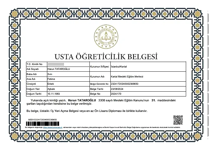 Usta öğreticilik belgesi